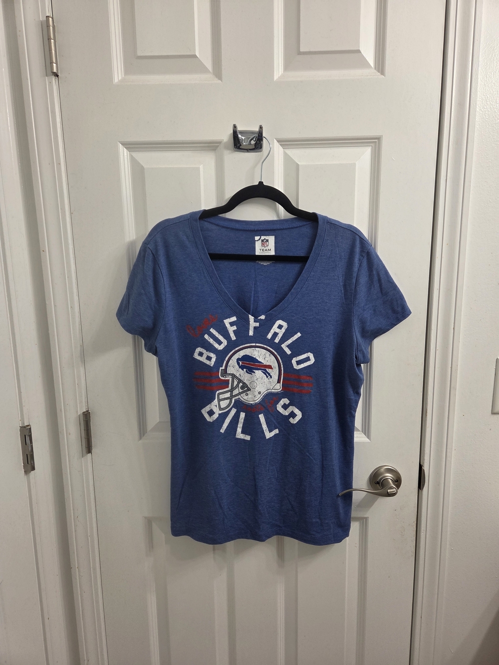 NFL Buffalo Bills Women's V-Neck Tee in Blue with Red & White Detail